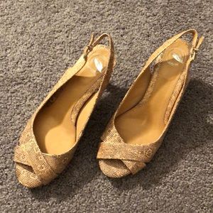 Shimmer gold with brown/tan textured fabric.